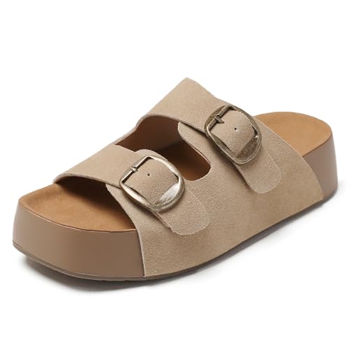 WOJWSKI Platform Sandals Women Leather Beach Summer Wedges Slip-On Comfortable Wedge Sandals for Women(Sand-M8.5)