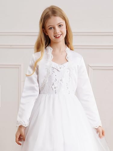 White Satin Long Sleeve First Communion Bolero for Girls Lace Open Front Cardigan Cropped Top2