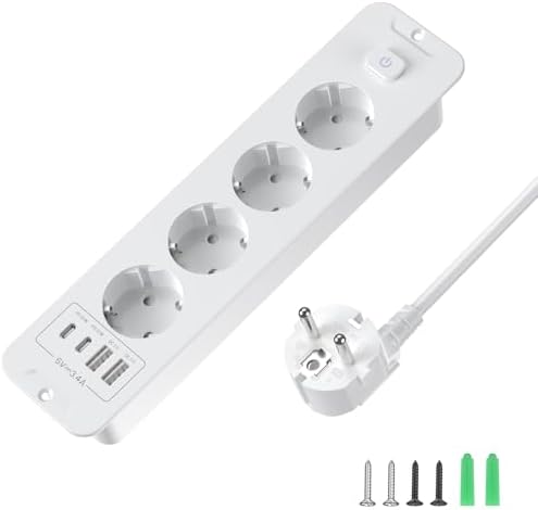 KEAGAR Versenkbare Steckdose 4-Fach mit Schalter, USB C PD 20W, 2m Weiß | 4 Schuko + 2 USB-C + 2 USB-A, Einbausteckdose in Schreibtisch, Tischplatte Versenkte Steckdose für Küche &