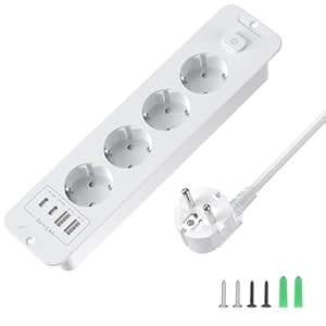 4 Fach Einbausteckdose mit USB-C PD 20W | 2M Einbausteckdosenleiste mit Schaltbar | Versenkbare Steckdose Für Tischplatten & Konferenztische | 16A 250V 4000W MAX, 3x1.5mm² | Weiß