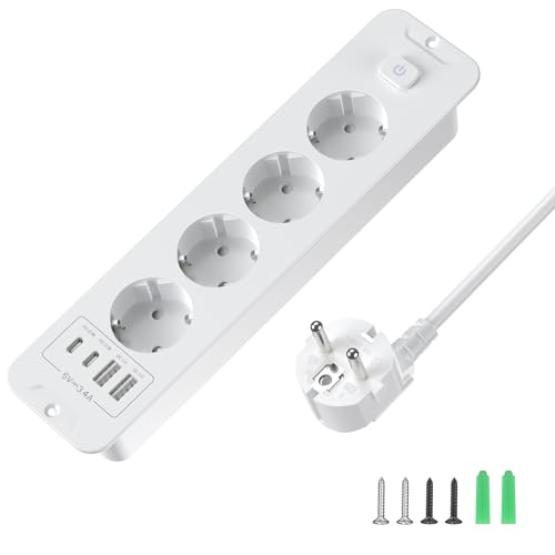 Versenkbare Steckdose 4-Fach, Einbau Steckdosenleiste mit 4 USB, Einbausteckdose Mehrfachsteckdose, Tischsteckdose mit 2 USB C, Tischplatte Versenkte Steckdose - 2m Kabel Weiß