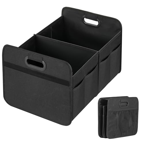YSSOA Car Trunk Organizer, Collapsible 2 Compartment Non Slip Bottom, Waterproof Car Storage Box, 600D Oxford Polyester Sturdy Accessories for SUV, Mini-Van, 50L, Black