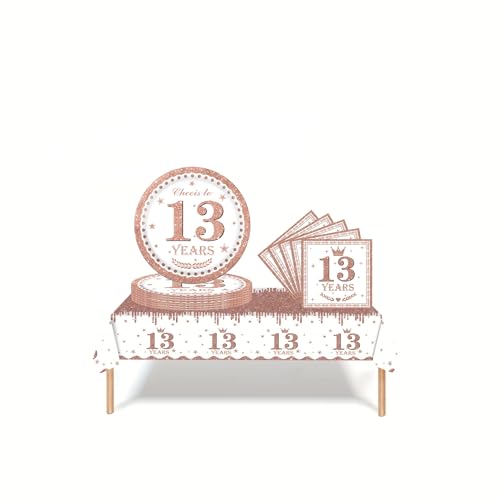 Set di stoviglie per feste per il 13° compleanno, oro rosa, 37 pezzi, decorazione per il 13° compleanno, tovaglia di carta, tovaglioli per bambini, per lui per il 13° compleanno, decorazione da tavolo