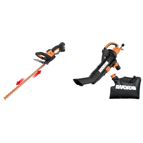 WORX WG261 20V Power Share 22" Cordless Hedge Trimmer (Battery & Charger Included) & WG509 12 Amp TRIVAC 3-in-1 Electric Leaf Blower with All Metal Mulching System