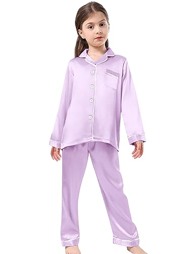 Schbbbta Girls & Women Pajamas Set, 2 Piece Satin Silky Long Pjs Button-Down Sleepwear Soft Comfy Loungewear2