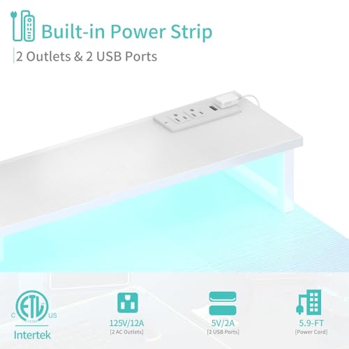 Image of Lufeiya White Desk with Storage Shelves - 47 inch Home Office Gaming Desk with Monitor Stand, Computer Desk with LED Lights and Power Outlets, White