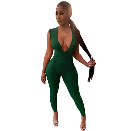 Women's Sleeveless Deep V Neck Long Sexy Bodycon Jumpsuit Workout Sports Jumpsuits One Piece Ribbed Biker Romper Clubwear (Green,Large) #TOP19