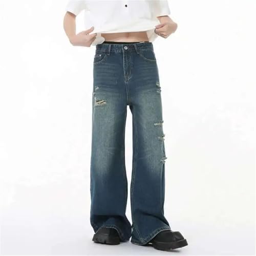 Men's Jeans Solid Color Holes Design Korean Style Worn-Out Mill Straight Leg Baggy Denim Trousers3