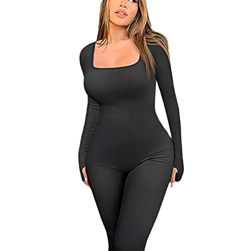 Nensiche Vrouwen Vierkante Hals Knipsel Bodycon Yoga Jumpsuit Geribbelde Workout Lange Mouw Full Body Sport Romper… - Image 3