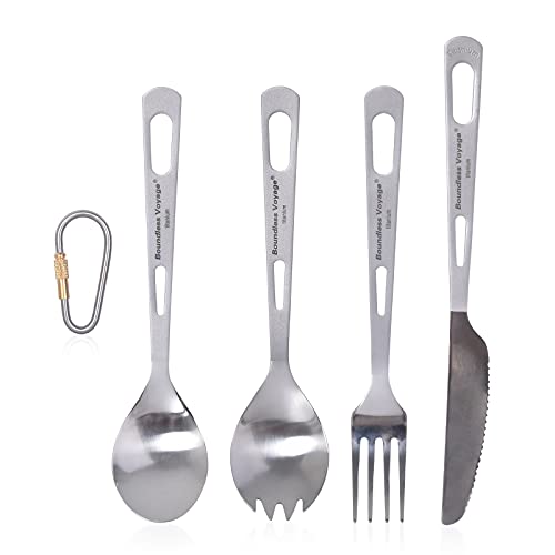 Ibasingo 4-Piece Set Titanium Cutlery Knife Spork Spoon Fork Outdoor Camping Flatware Picnic Dinnerware Ti1052T #TOP20