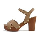 Soda MIGUEL ~ Women Crisscross Band Fashion Chunky Platform Block Mid Heel Sandal with Ankle Strap and Stud (NATURAL NUBUCK, us_footwear_size_system, adult, women, numeric, medium, numeric_8_point_5)
