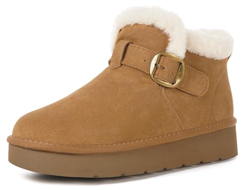 Botas de Ante para Mujer Cálido Piel Botines de Nieve Antideslizante Impermeables Cuero Genuino Invierno Cómodas Zapato Outdoor,Marrón Claro,40 EU