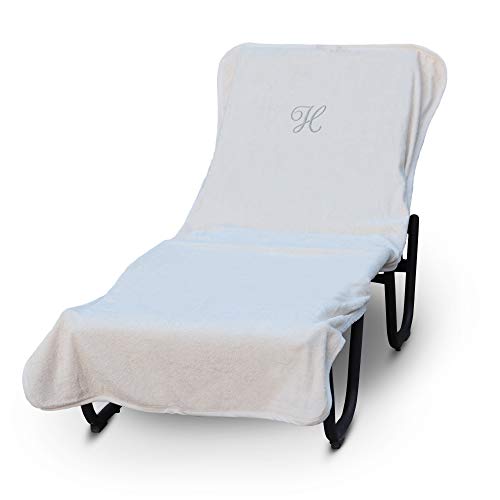 BC BARE COTTON Monogrammed Lounge Chair Towel Cover, Letter H, White & Silver Script, 100% Turkish Cotton Terry, 750 GSM, Oeko-TEX Tested, 90 x 29 Inch Chaise Lounge Cover