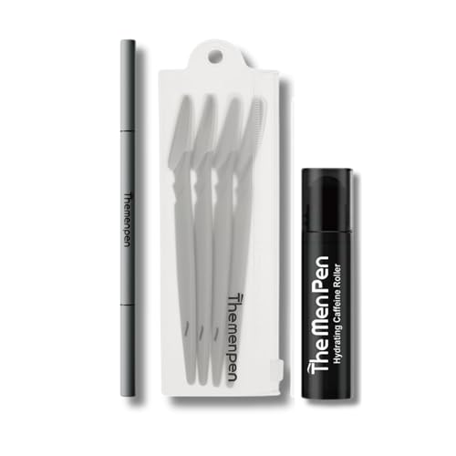 The Men Pen Refresher Kit | Eyebrow Beard & Hair Filler + Caffeine Eye Roller + Razor 4-Pack Waterproof Long-Lasting Sweat-Proof Grooming Essentials - Black