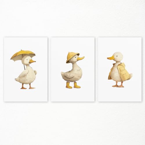 Image of Duck Nursery Canvas Wall Art, Funny White Duck Poster, Adorable Animal Baby Room Print, Cute Yellow Picture Wall Decor for Kids Room, Set of 3 Yellow Rain Gear Duck Art for Playroom 8x12in Unframed
