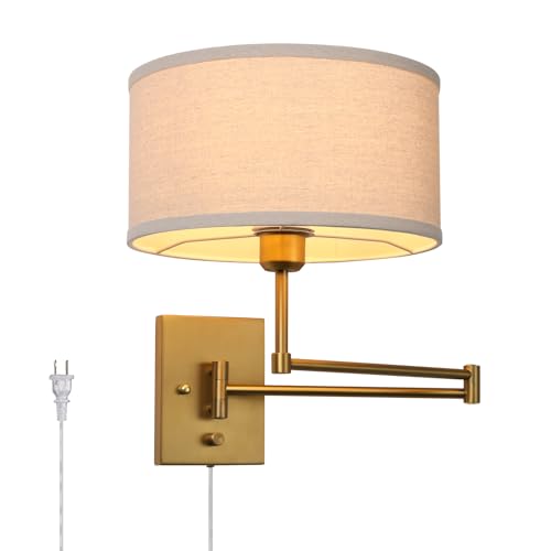 JIMUBEAM Vintage Fabric Plug-in Cord Wall Sconce, Indoor Swing Arm Wall Mounted Lamp with On/Off Switch, Antique Brass Linen Textile Sconce Wall Lighting Reading Light Fixture for Living Room