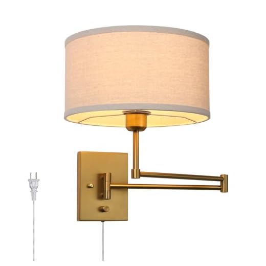 JIMUBEAM Vintage Fabric Plug-in Cord Wall Sconce, Indoor Swing Arm Wall Mounted Lamp with On/Off Switch, Antique Brass Linen Textile Sconce Wall Lighting Reading Light Fixture for Living Room