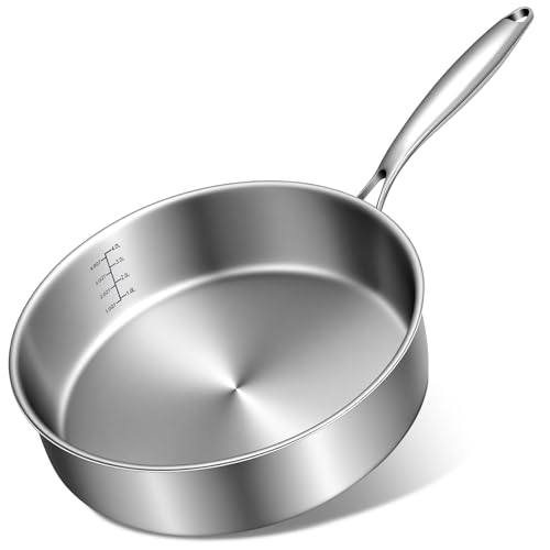 EWFEN 12 Inch Tri-Ply Stainless Steel Frying Pan, Compatible with All Cooktops Up to 600℉, Large Frying Pan Induction-Ready Skillet, Dishwasher and Oven Safe, Even Heat