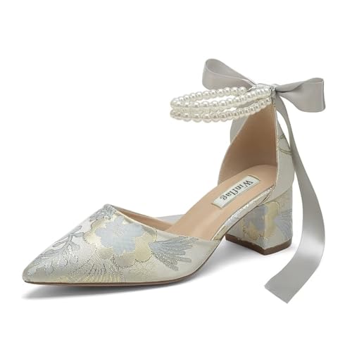 Floral Satin Wedding Shoes for Bride Block Heel Pointed Toe Pearl Bridal Shoes Wedding Heels