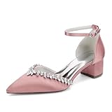Mujer Tacón Gruesos Medio Zapatos De Novia Correa Al Tobillo Zapatillas De Vestir con Diamantes De Imitación Puntera Puntiaguda Zapatos De Fiesta De Graduación De Boda,Rosado,41 EU
