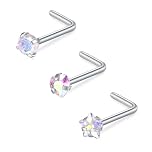 FECTAS 18G L Shaped Nose Studs Surgical Stainless Steel 3mm Round Star Heart CZ Nose Rings Studs Silver Nose Rings for Women Nose Nostril Piercing Jewerly 3pcs