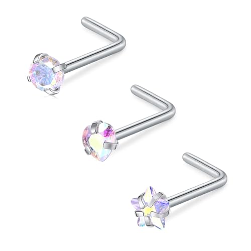 FECTAS 3 Piezas Piercing Nariz Acero Inoxidable Piercing Nariz Forma de L Rectac Piercing Nariz Hipoalergénico Perno Nariz para Mujeres y Hombres 18G 3mm