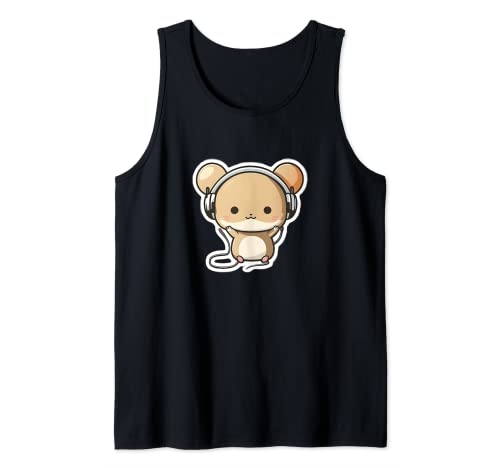 Lindo ratón Kawaii con auriculares Camiseta sin Mangas
