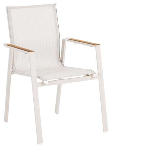 METRO Professional Gartenstuhl mit Armlehne, Aluminium/Textilen-Bespannung/Teak-Holz, 58 x 67 x 88 cm, Stapelbar, Wetterfest, 150 kg Tragkraft, Beige
