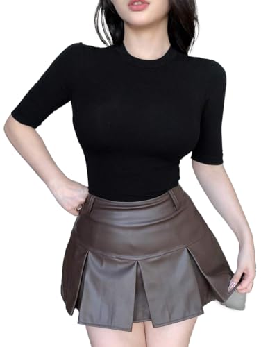 Istyle Can Slim Fit Plain Stretchable Round Neck Rib Knit Short Sleeve Regular Top for Women | T Shirt | Tee (in, Alpha, M, Regular, Black)