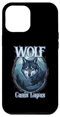 Hülle für iPhone 15 Pro Max Wolf Canis Lupus mit Holzrahmen und Bergblick Design