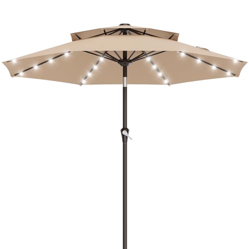 Image of AreShark 9ft 2 Tiers Patio Umbrella with Solar Lights, Outdoor Umbrella w / 32 LED Lights&8 Sturdy Ribs, Table Umbrella for Deck, Backyard, Pool(Beige)