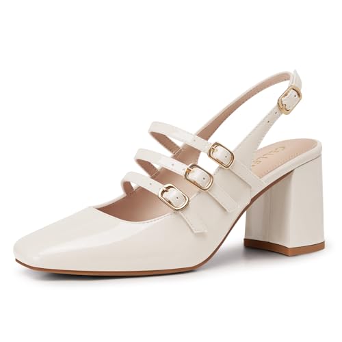 Women Mary Jane Shoes: Comfortable Strappy Chunky Heels, Slingback Party Prom Pumps Dress Shoes Black/Red/White/Nude/Silver Wide Size 6-11