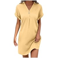 Robe Femme Ete Lin Coton Tunique Robe Manches Courtes Ample Casuel Couleur Unie Robes avec Boutons Col V Chic Elegant De Plage Pas Cher Grandes Tailles Dress pour FêTe Vacances