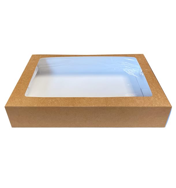 Monouso | 25 Bandeja de Cartón Kraft para Caja con Ventana 45×31x8,2cm | Cartón Antigrasa y Altas Temperaturas | Ideal para Take Away, Panadería y Catering | Pack de 25 Unidades