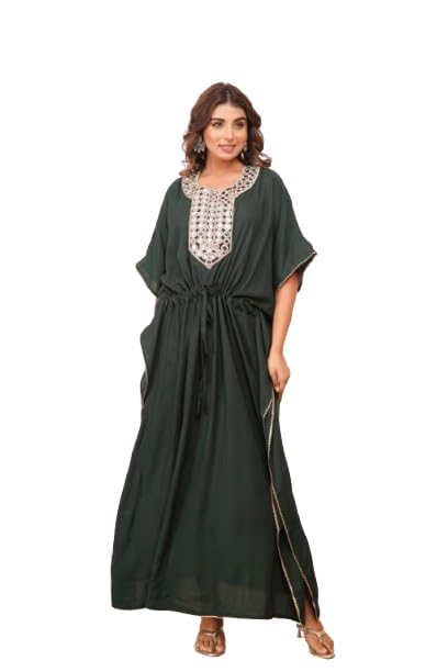 Mirror Embellished Drawstring Kaftan with Side Slit Women Long Kaftan..(Green)-image-41