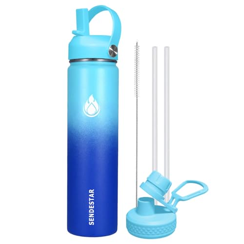 Image of SENDESTAR Stainless Steel Wide Mouth Water Bottle 24oz Double Wall Vacuum Insulated Leak Proof Bottle with New Flex Straw Lid & Spout Lid