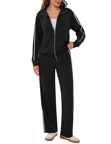 Terecey Trainingsanzug Damen Set Jogginganzug Zweiteiler Frauen Sport Anzug Freizeitanzug Kapuzenjacke &S porthose Lounge Winter Outfits Sets Tracksuit Herbst Fitness Loungewear Schwarz M