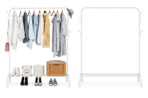 Image of Metal Multifunctional Heavy-Duty Quality Garment Stand Cloth Rack Freestanding Storage Organizer with Bottom Shelves Adjustable Folding Single Pole for Living Room (White)