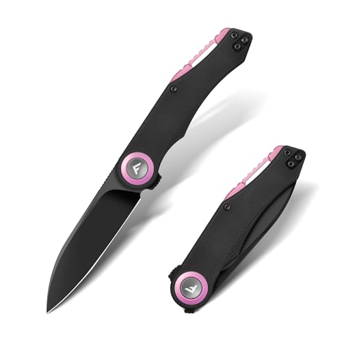 FLISSA Couteau Pliant EDC en Acier D2 avec Manche G10 Noir et Accents Rose Violet, Couteau Compact à Lame Noire 8 cm pour Camping, Randonnée et Usage Quotidien