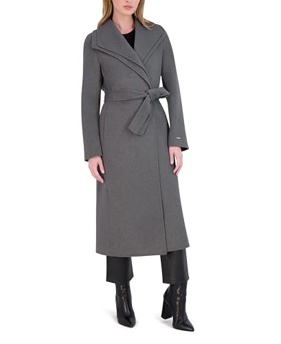Image of TAHARI Women's Slim Fit Double-faced Soft Wool Blend Wrap Coat With Tie Belt - Long Wool Coat