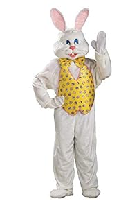 Hop to the party in this DELUXE BUNNY COSTUME that include both a MASCOT QUALITY HEADPIECE and an open-face hood with attached ears Long sleeve jumpsuit with printed vest front; bowtie, gloves; shoe-covers and bunny character hooded headpiece READ BE...