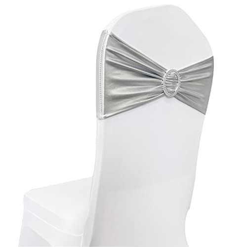 Image of Spandex Chair Sashes Bands, Metallic Silver, 50PCS | Stretch Chair Ties Bows, With Buckle Slider, For Wedding Party Banquet Decoration