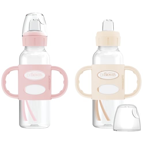 Image of Dr. Brown's Milestones Narrow Sippy Spout Bottle with 100% Silicone, Easy-Grip Handles and Soft Sippy Spout, 8oz/250mL, Light Pink and Ecru, 2-Pack, 6m+