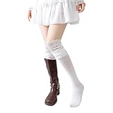 YOYOU Elegant White Lace Knee High Socks for Women, Vintage Lolita & Y2K Style Socks, Stretchy Mid Calf Socks for Fashion, Comfortable and Breathable