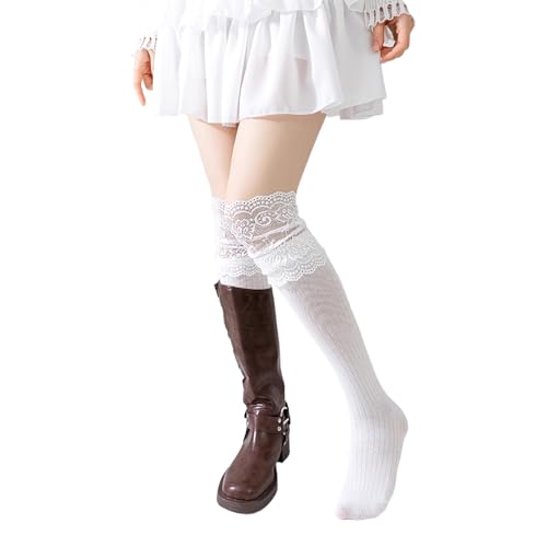 YOYOU Elegant White Lace Knee High Socks for Women, Vintage Lolita & Y2K Style Socks, Stretchy Mid Calf Socks for Fashion, Comfortable and Breathable