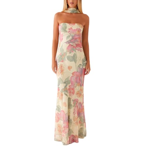 FeMereina Vestido largo de tubo floral para mujer, con bufanda, sin tirantes, espalda descubierta, de malla, vestido formal de cóctel, Color mixto, S