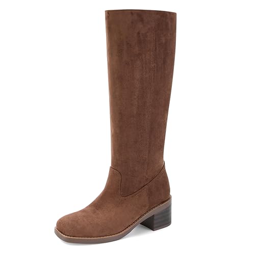 DOEYG Brown Suede Knee High Boots for Women Square Toe Riding Boots Chunky Block Heel Tall Boots...