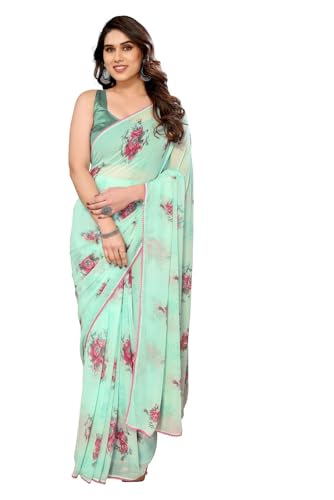 Image of ROOP SUNDARI SAREES Readymade Pleated Pre Drape Stitched Floral Printed Georgette Saree For Women's With Lace Border & Blouse(Ready To Wear One Minute)