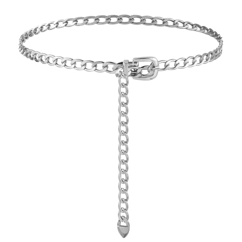 Silver Chain Belt for Women Western Chunky Waist Chain Belts Plus Size Metal Waist Belts Adjustable Thin Womens Belt Fashion Boho Belly Belt Chains Accessories for Women Girls Dresses Jeans Clothes