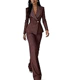 Miesuit Burgundy Pinstripe Suit for Women 2 Piece Fall Fashion Office Outfits Casual Autumn Gold Button Womens Stripes Pant Suits for Work Professional Size 10